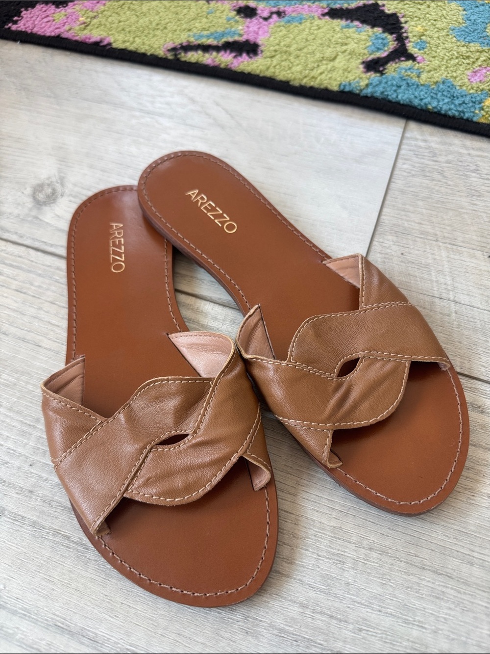 Arezzo Women's Cognac Leather Slide Sandals